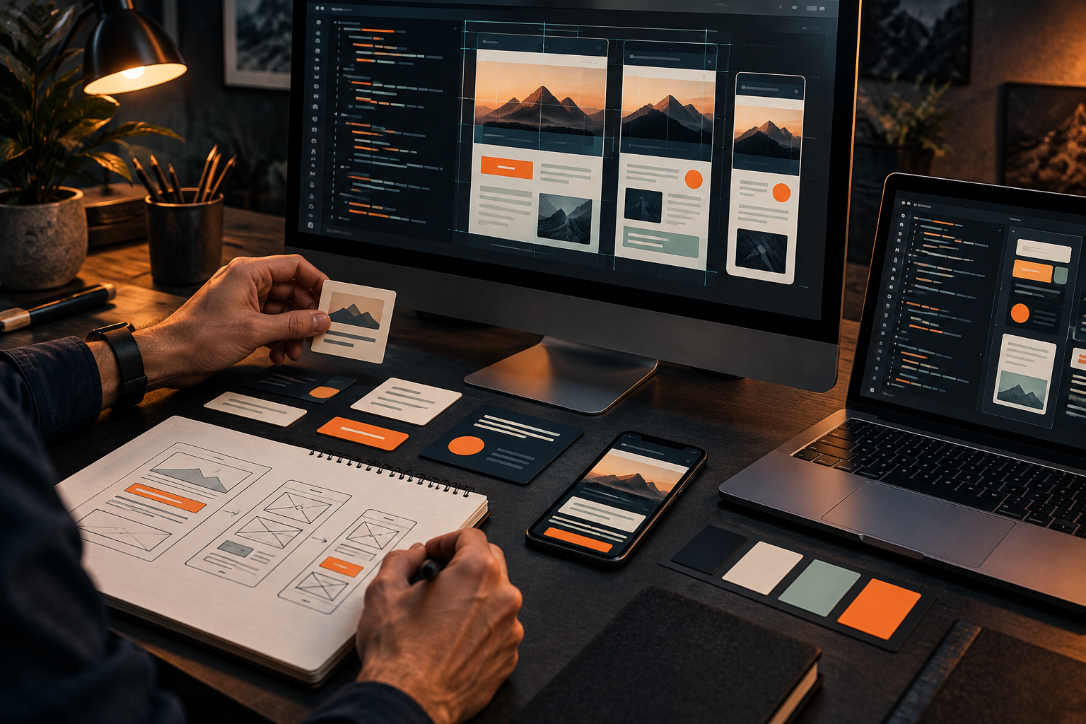 A responsive website workflow displayed across desktop, laptop, and mobile screens